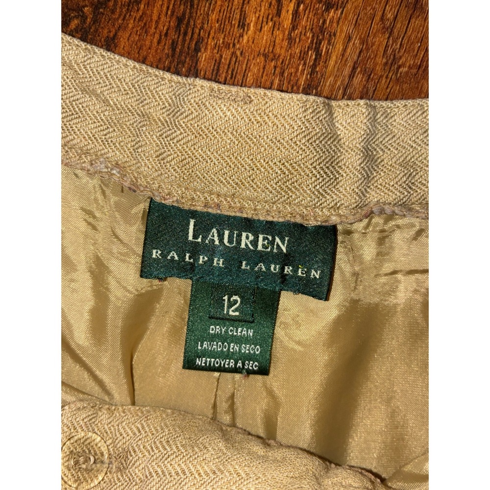 Lauren Ralph Lauren Tan Herringbone Pleated Tapered Trousers Size 12
